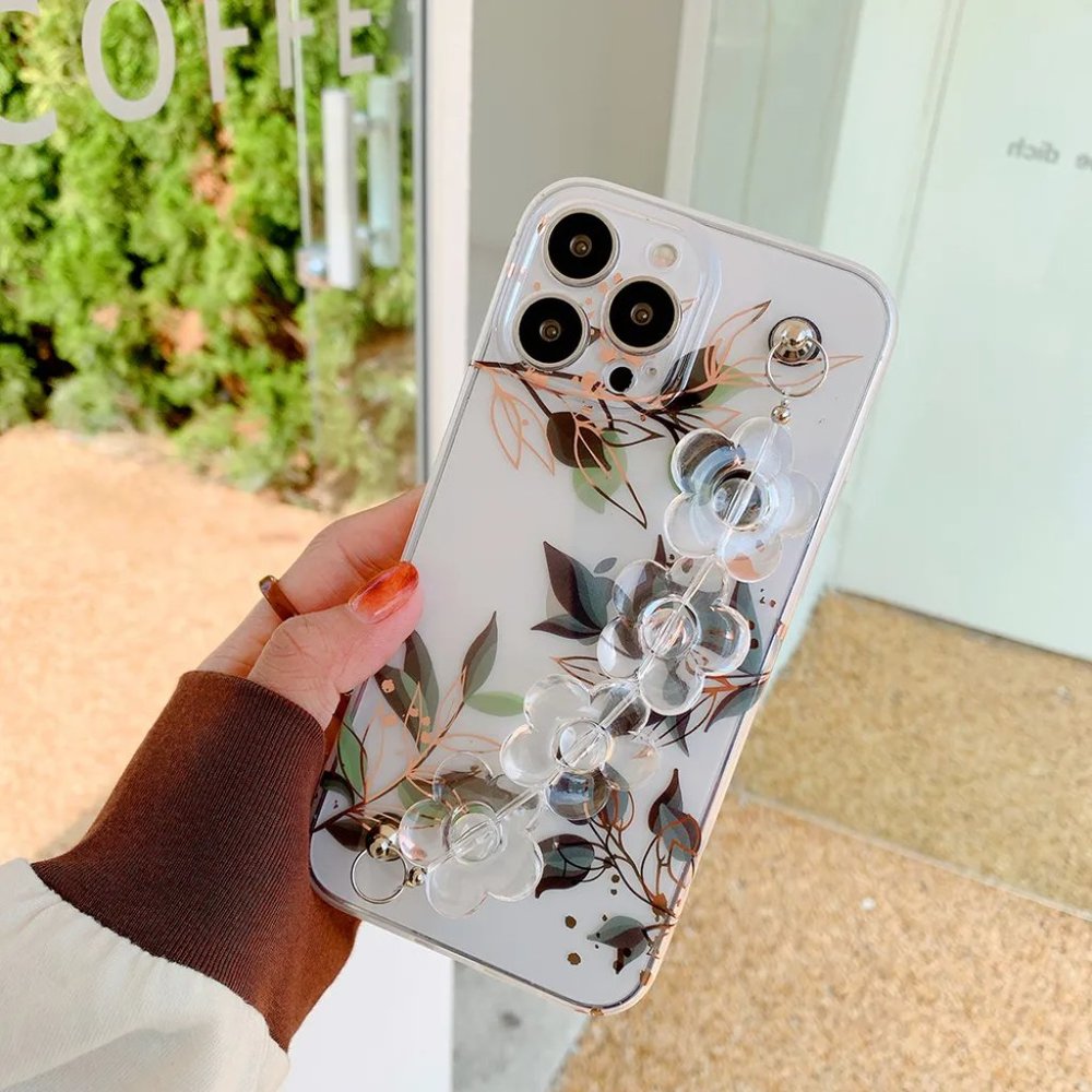Free Screen Protector With  Flower Wrist Strap Transparent cover for I PHONE